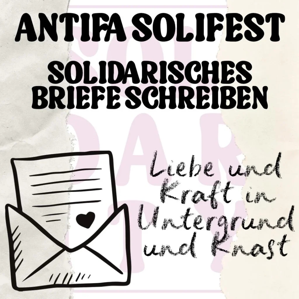 Kachel mit einem Brief-Symbol, der Überschrift "Antifa Solifest. Solidarisches Briefeschreiben" und der Unterzeile "Liebe und Kraft in Untergrund und Knast"